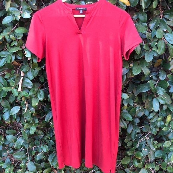 Eileen Fisher Red Dress Short Sleeve XS Split Neck - Picture 1 of 6